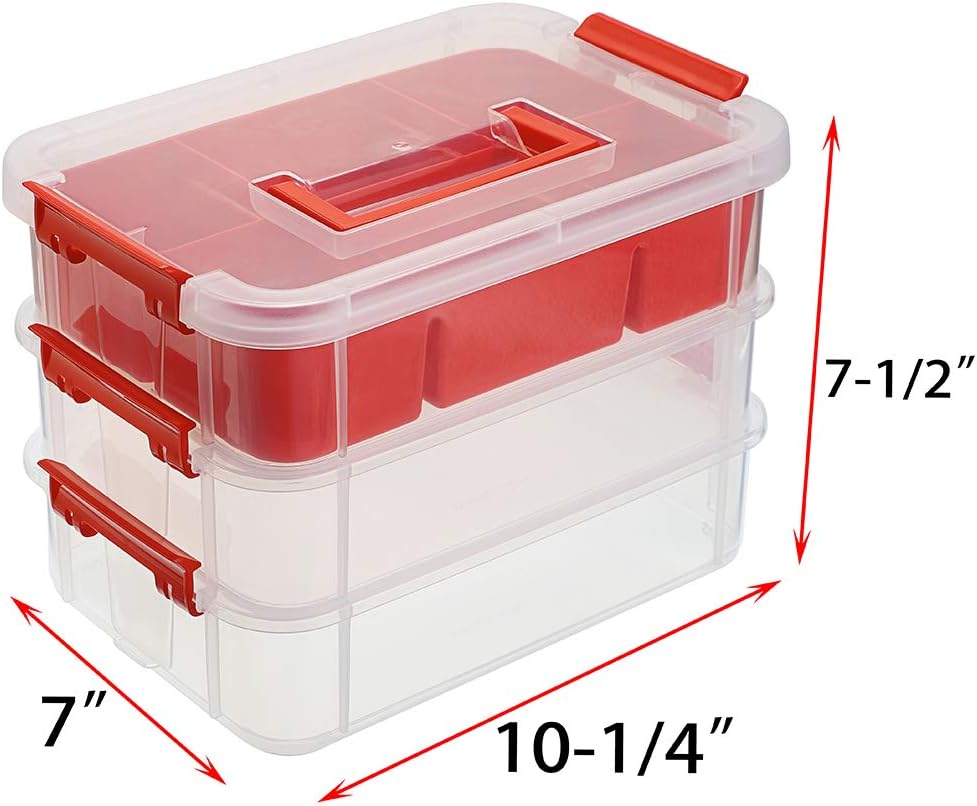 JUXYES 3-Tiers Stack Carry Storage Box With Divided Tray, Transparent Stackable Storage Bin With Handle Lid Latching Storage Container for School & Office Supplies (Red)