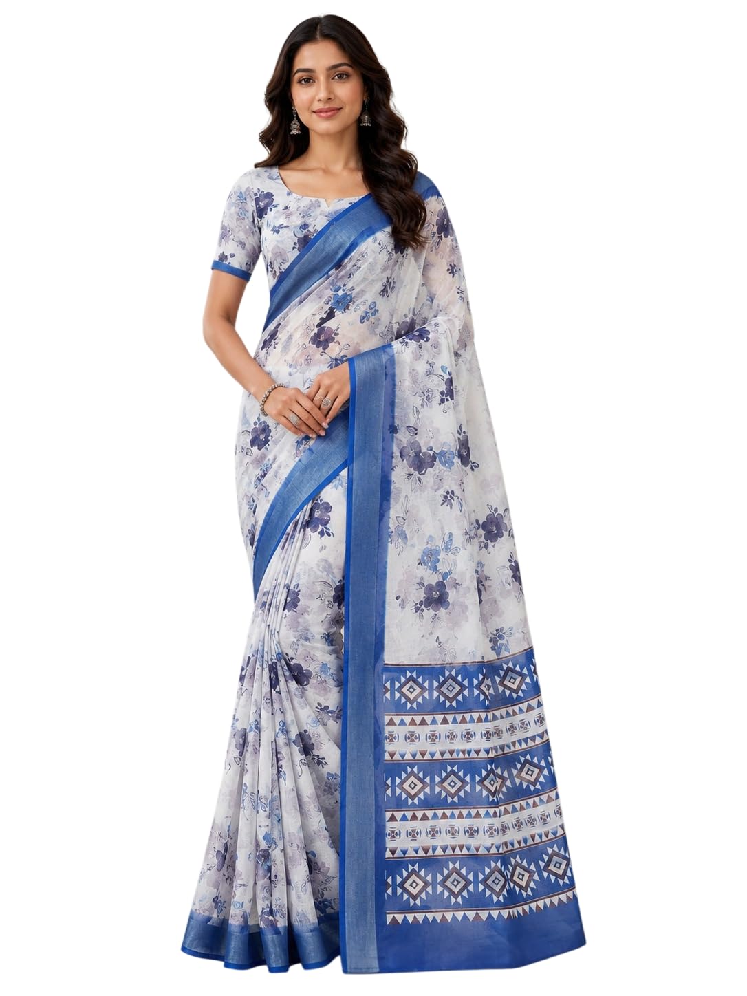 sun fashion and lifestyle Women's Linen Saree With Printed Work Zari Patta & Blouse Piece (SR2)-picture-40
