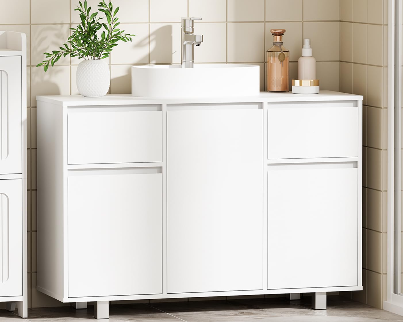 BEWISHOME Mueble Bajo Lavabo de Baño con Pies, Armario de Baño | 90 x 30 x 62.5 cm, Mueble Bajo Fregadero 2 Cajones, 3 Puertas, Gran Capacidad de Almacenamiento, Blanco, EYSG01W