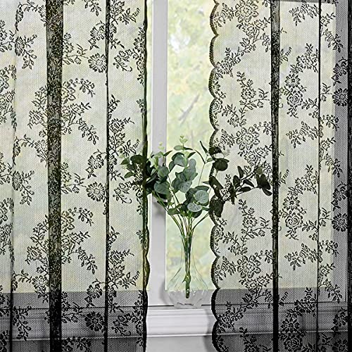 Sheer Tier Curtains For Living-Room Bedroom Black Lace Tier Curtain Panels 36 Inch Length Farmhouse Floral Embroidered Light Filtering Window Treatment Rod Pocket Drapes For Basement, 28"Width 2Pcs #TOP5