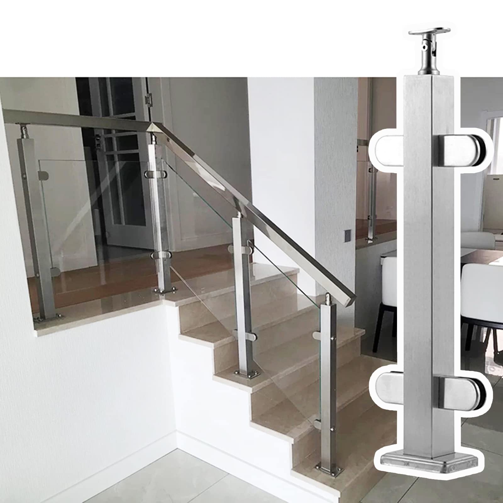 Poteau de garde-corps carré en verre pour escalier intérieur en acier inoxydable