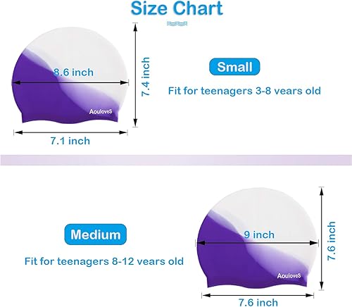 Miniatura 4 de Paquete de 2 gorros de natación para niños y niñas, unisex, de silicona, para niños de 4 a 12 años, ajuste cómodo para cabello largo y cabello corto