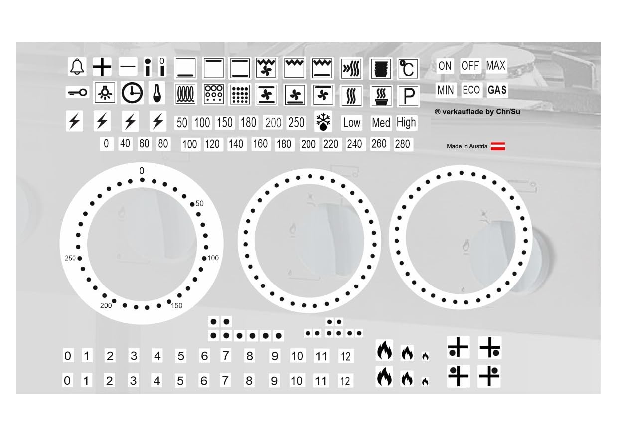 Chr/Su Cooker Symbol Sticker Set - Black and White, Minimalist Vinyl Stickers for Electric and Gas Cooker (RPM2/6)