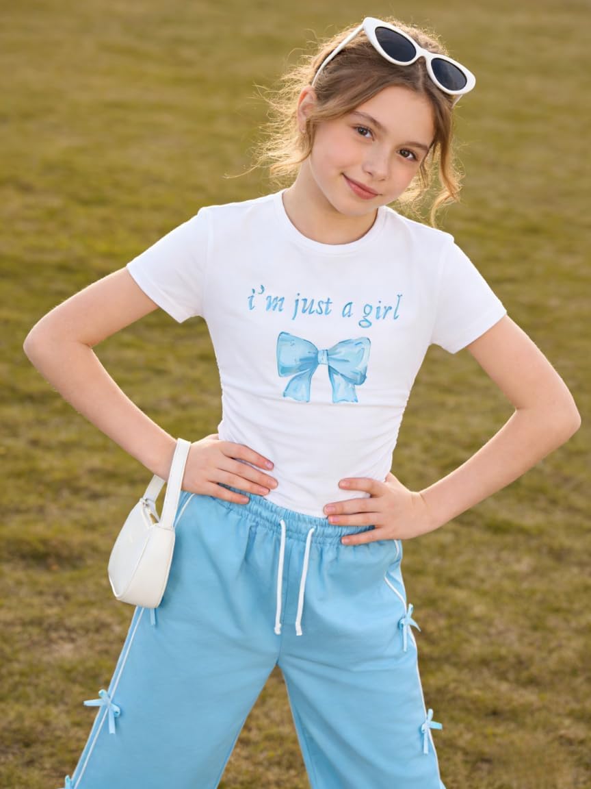 Tween Girls Clothes Short Sleeve Graphic T-Shirt Top + Bow Knot Pants 2 Piece Outfit Set, Size 7-14Years - Image 5
