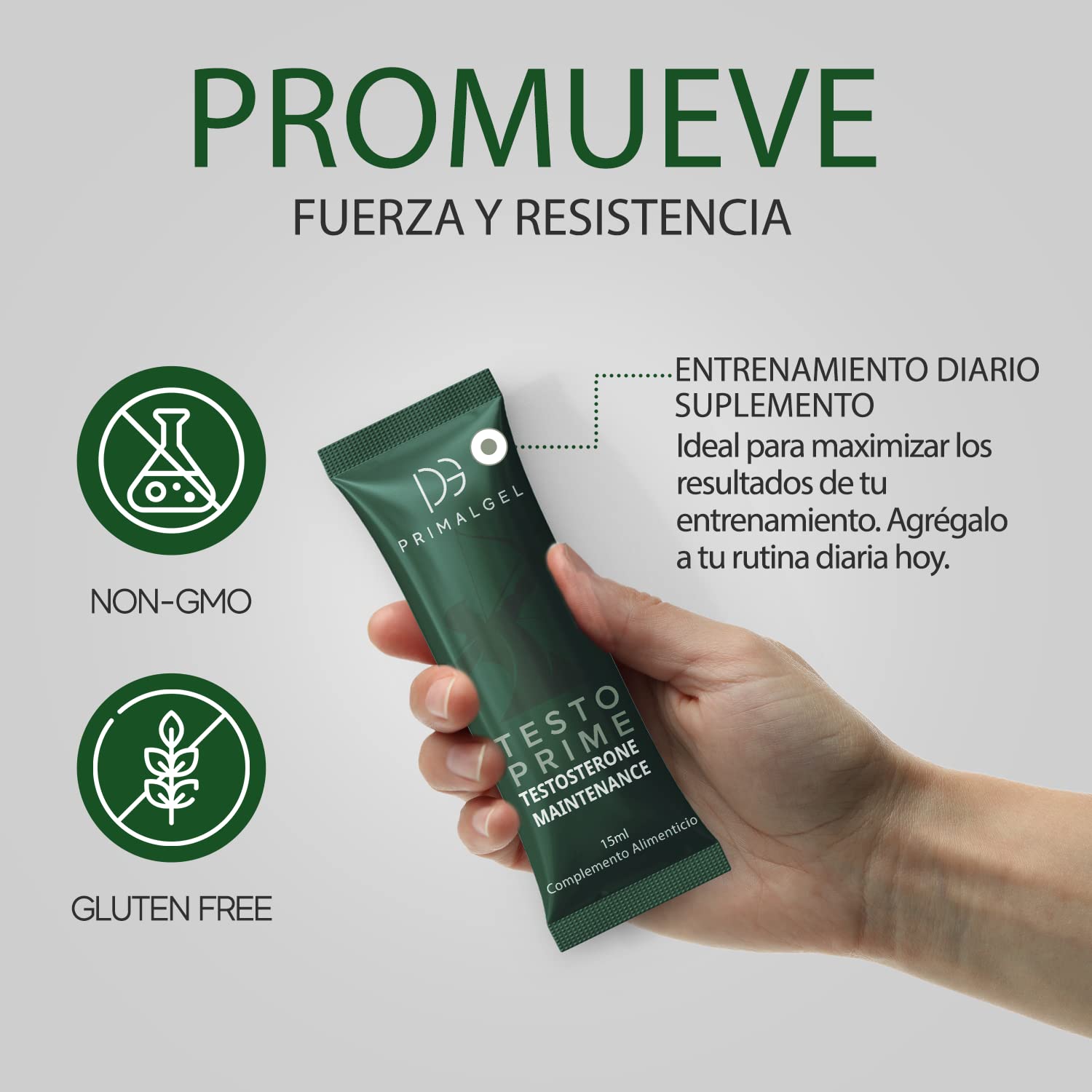 PrimalGel Suplemento Testosterona Hombres - Maca, Ginseng, Zinc - 10 Sobres Gel Líquido
