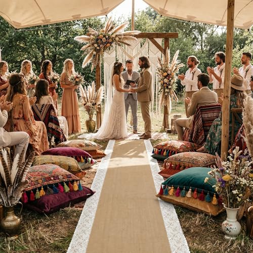 Image of 30Ftx36 in Natural Burlap Wedding Aisle Runner, Jute Weddings Runway Carpet | Rustic Ceremony Burlap Carpet Roll, Runway Carpet with Lace for Beach Garden Church Reception Craft Decoration