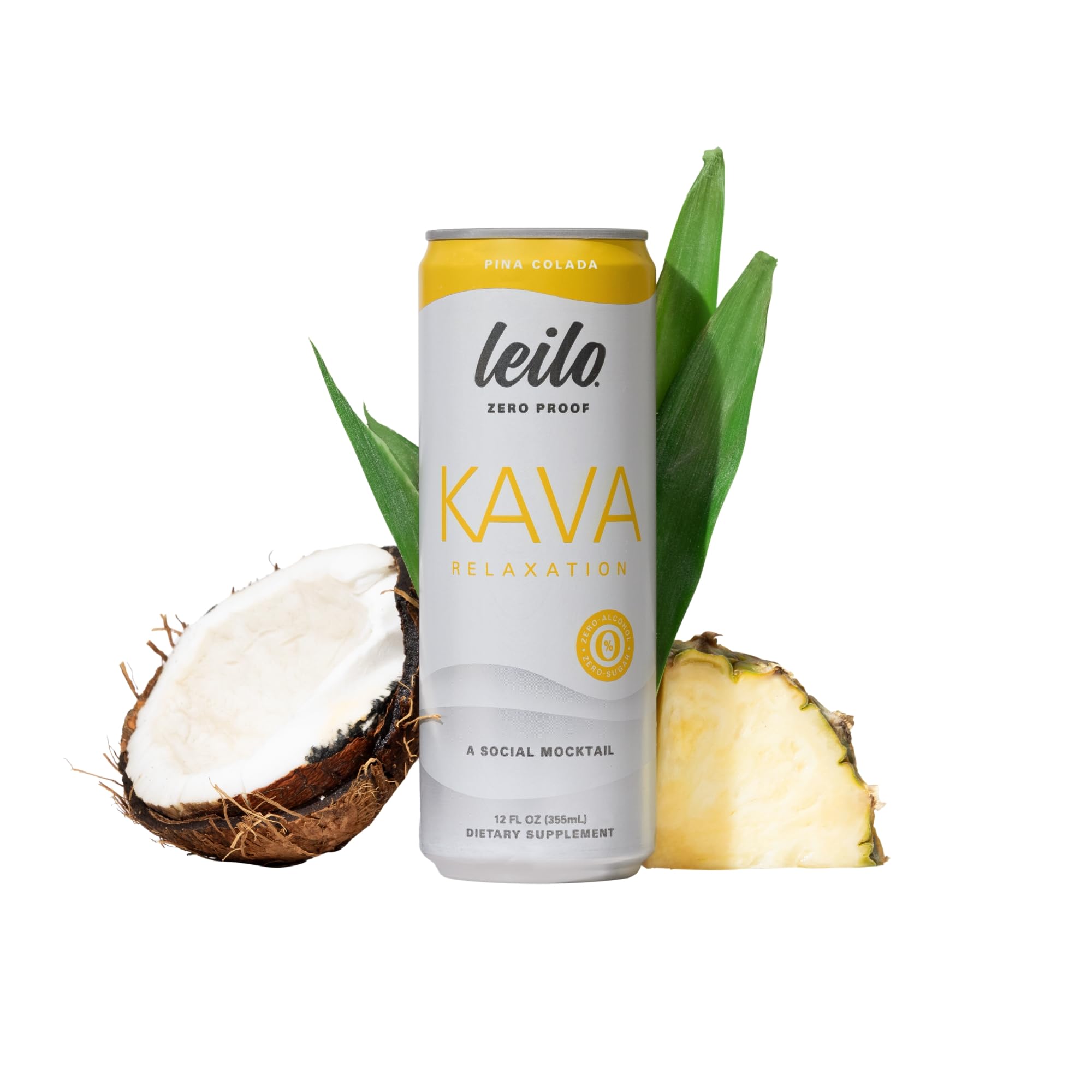 LEILO Bebida de kava-kava sabor Pina Colada sem açúcar, 12 latas