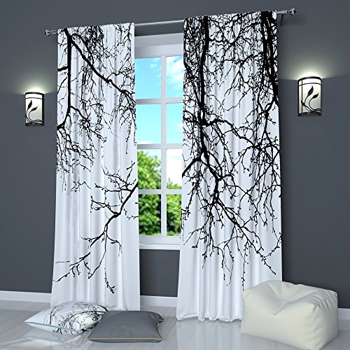 Black And White Curtains by Factory4me Black Branches. Window Curtain Set of 2 Panels Each W42 x L84 Total W84 x L84 inches Drapes for Living Room Bedroom Kitchen