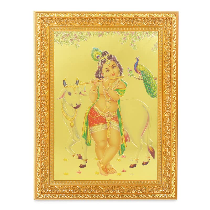 Photo Shree Krishna Bhagwan sous cadre doré mural 28x35 cm pour décoration de temple hindou