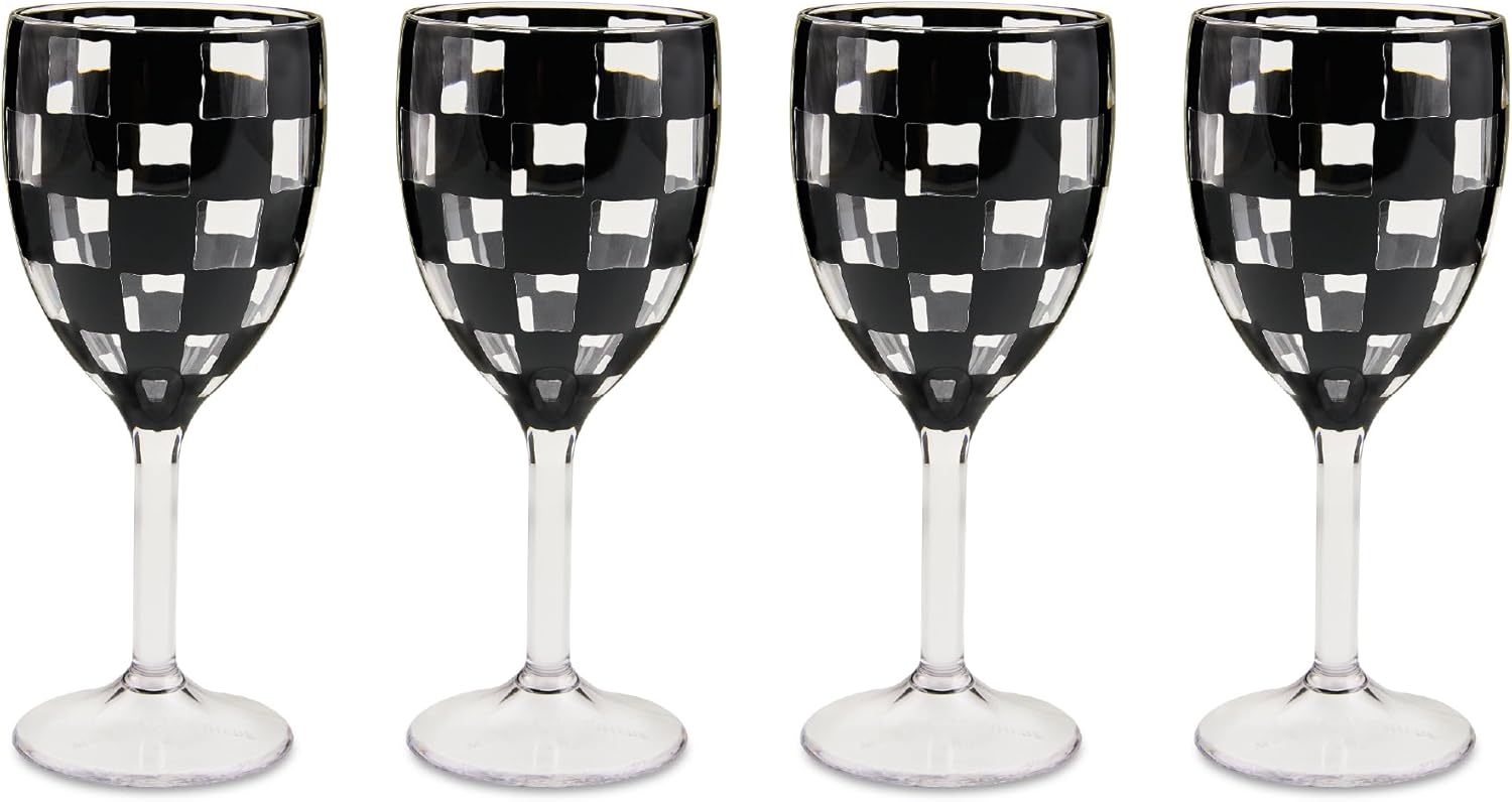 MACKENZIE-CHILDS Set of 4 Acrylic Wine Goblets, Stemmed Drinking Glasses, Decorative Glassware, 12 Ounces, Black Check