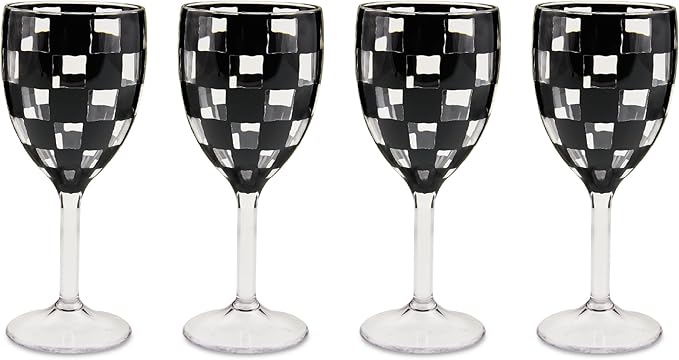 MACKENZIE-CHILDS Set of 4 Acrylic Wine Goblets, Stemmed Drinking Glasses, Decorative Glassware, 12 Ounces, Black Check