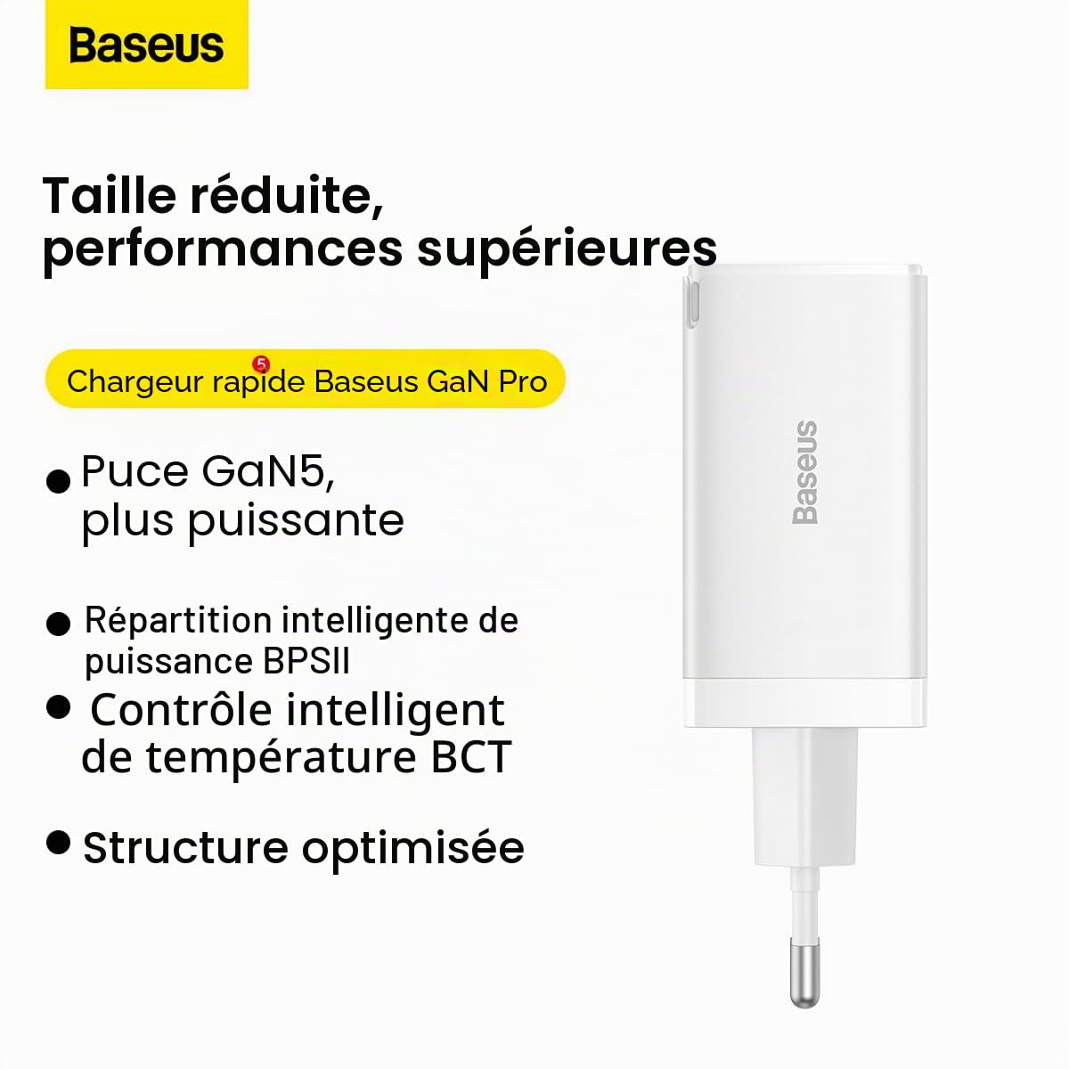 Baseus Travel Charger GaN5 Pro Fast Wall Charger, C+C+U, QC, AFC, PD 65W with Type-C to Type-C (100W) 1m, White EU (CCGP120202)