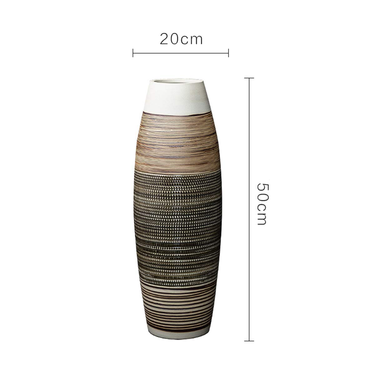 fanquare Vaso grande da appoggio in ceramica a righe marrone e nero, vaso da fiori fatto a mano decorativo per la casa, alto 50 cm