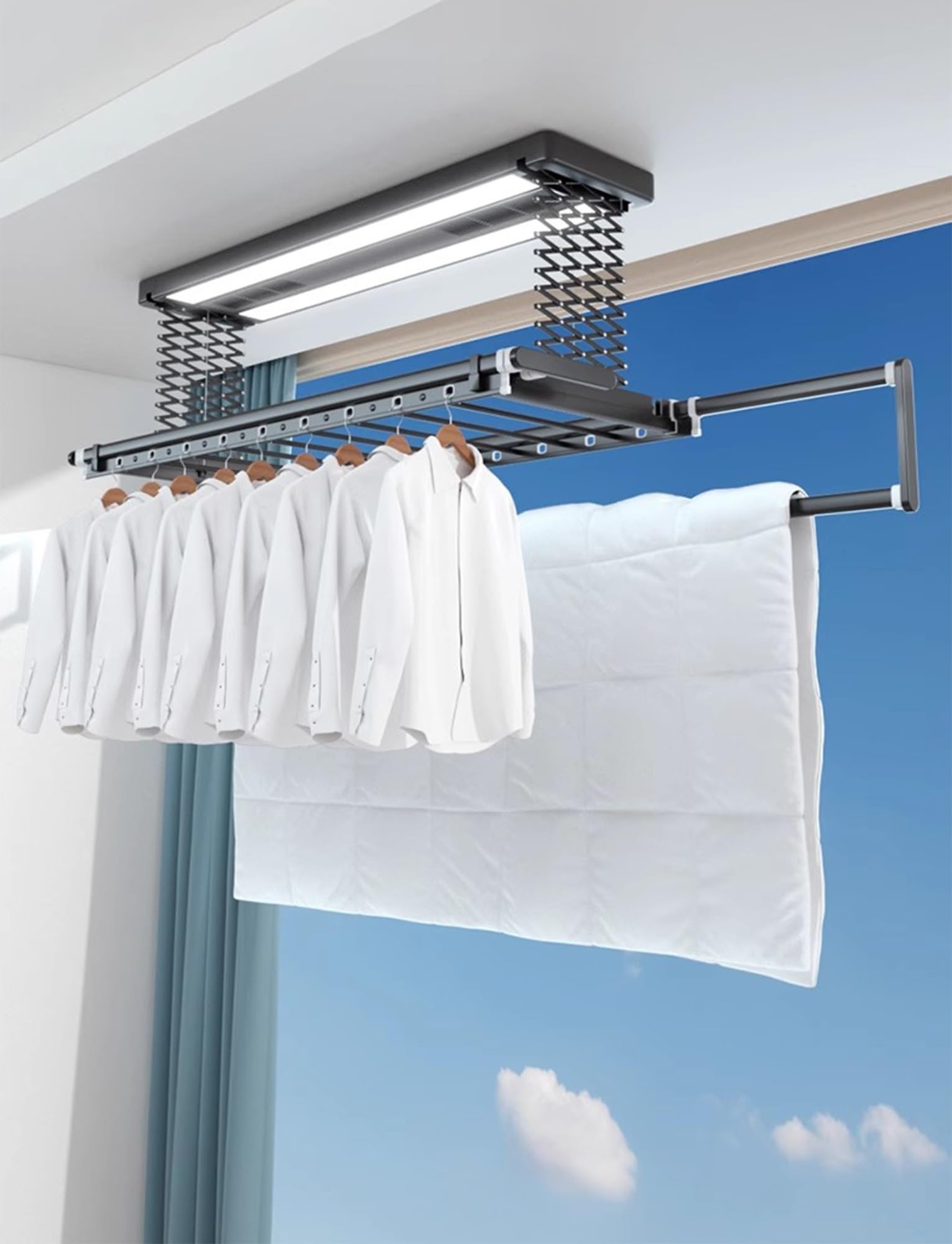 Stendibiancheria elettrico a soffitto in alluminio e acciaio con telecomando, pieghevole, in metallo, con carico di 35 kg, taglia unica
