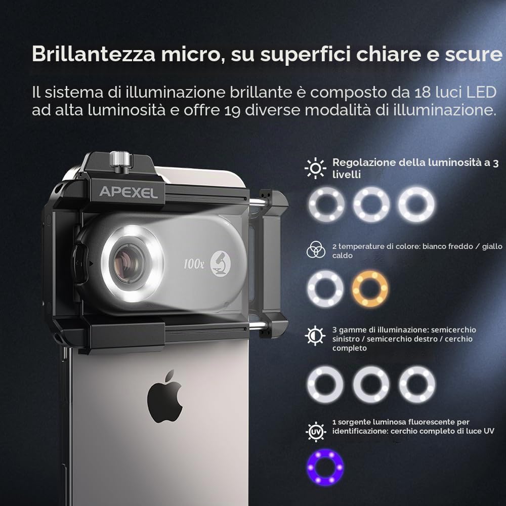 Obiettivo Microscopio per Telefono APEXEL, Serie PhoneMicro 5, Obiettivo Micro 100X per Android