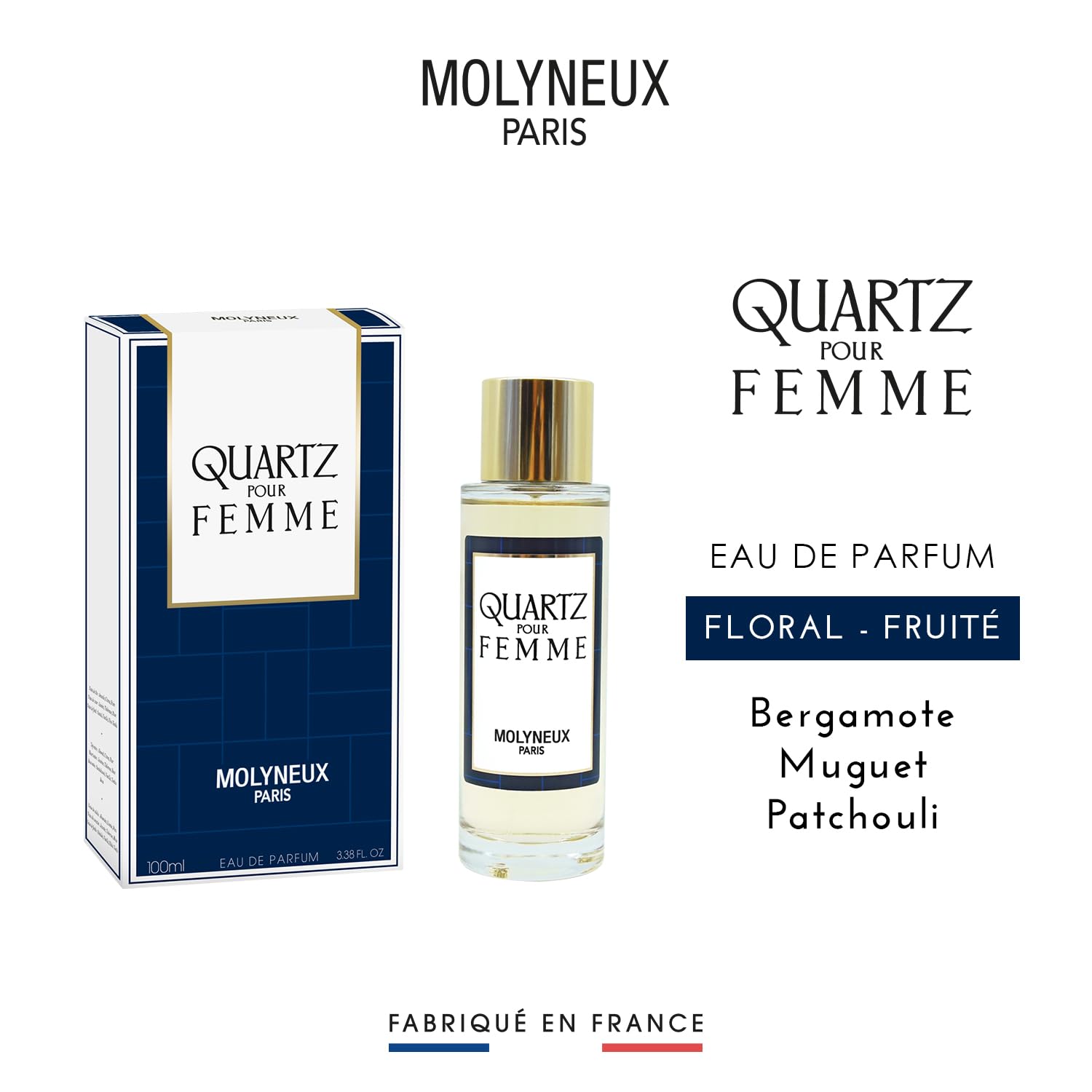 MOLYNEUX Eau de parfum femme, Quartz Femme, florale et fruitée, made in France, 100ml