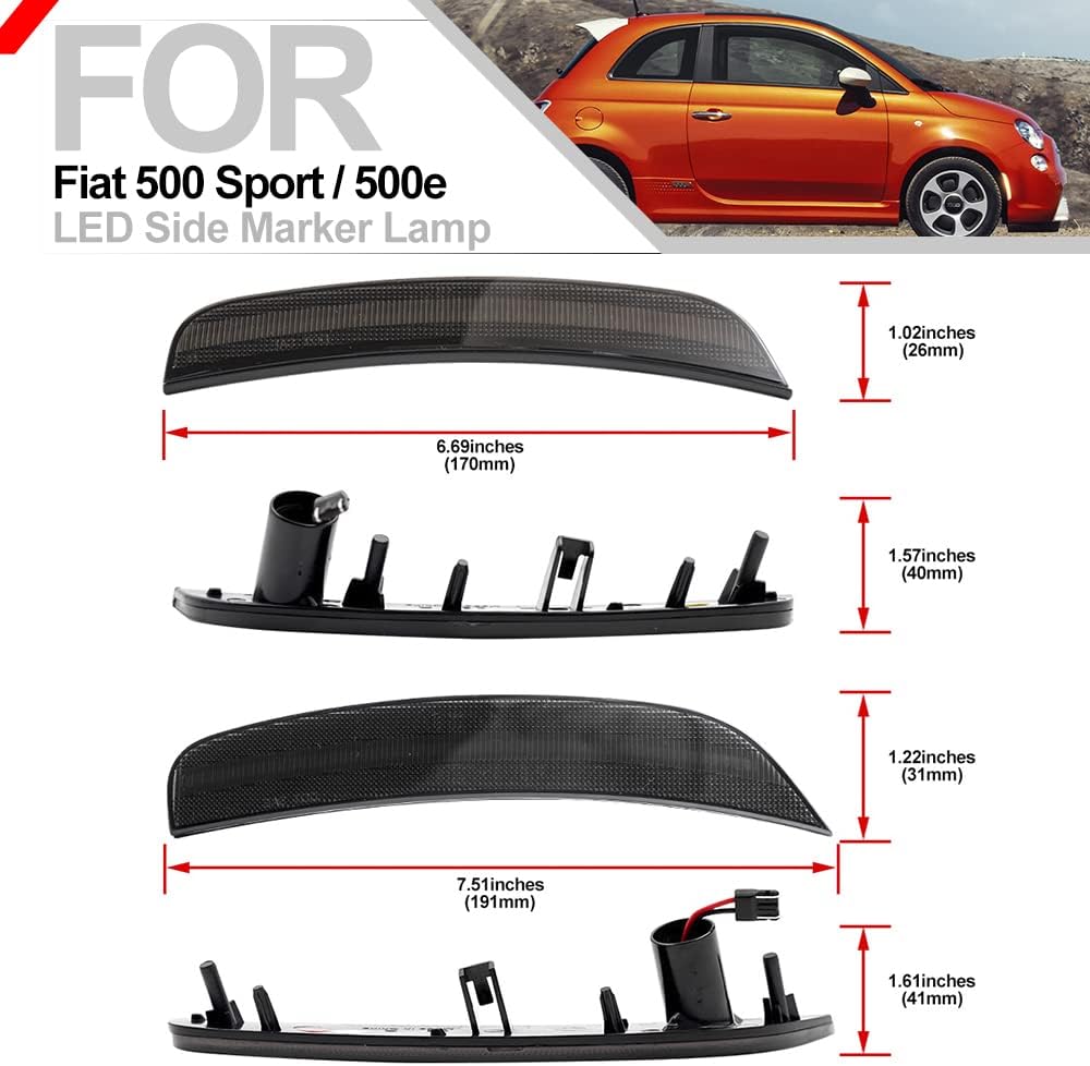 4Pcs Full LED Side Marker Lights Front Rear Bumper Sidemarker Lamps Reflectors for Fiat 500 Sport 500e Smoked Lens Replace OEM Side Markers Side Indicator Light Side Marker Turn Signal Lamp