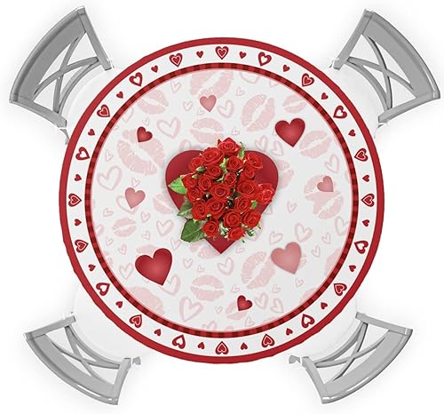 Mantel redondo ajustable para el día de San Valentín, 55-60 pulgadas, diseño de corazón rojo de amor, impermeable, mantel lavable para cocina,