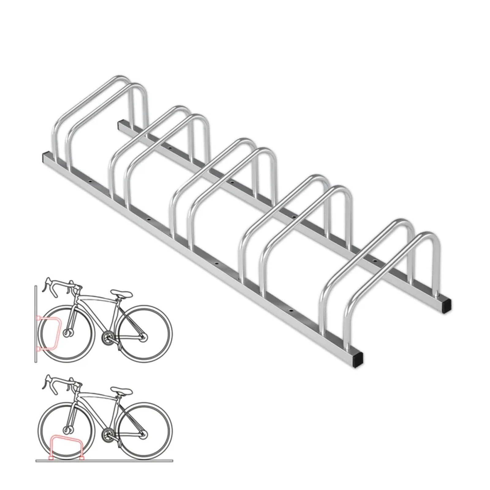 KARAT Rastrelliere per bicicletta in acciaio inox Linus per fino a 6 biciclette con pneumatici fino a 55 mm di larghezza, montaggio a terra o a parete, parcheggio per biciclette per esterni (argento