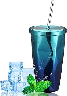 ZAANU Vaso de petaca de Acero Inoxidable de Viaje con Aislamiento de Doble Pared de 480 ML con Pajita de Acero y Tapa Taza Termo Sipper Conjunto frío y Caliente de 1 Color Degradado Azul / 162