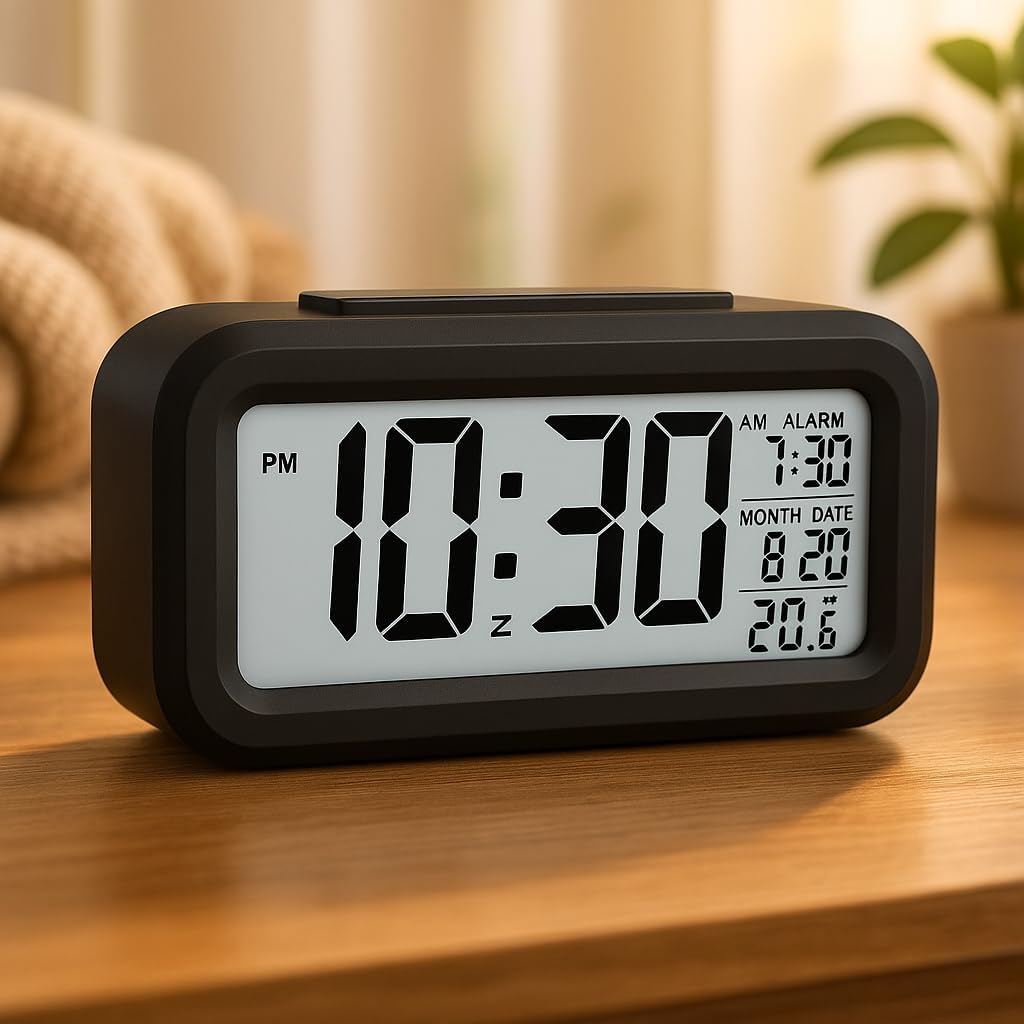 IDELLA Digital Alarm Clock with Automatic Sensor, Date and Temperature Display, 4.5 Inch LCD Display with Easy to Ready Bold Digits Digital Table Clock for Home, Office, Corporate Use (Black Analog)