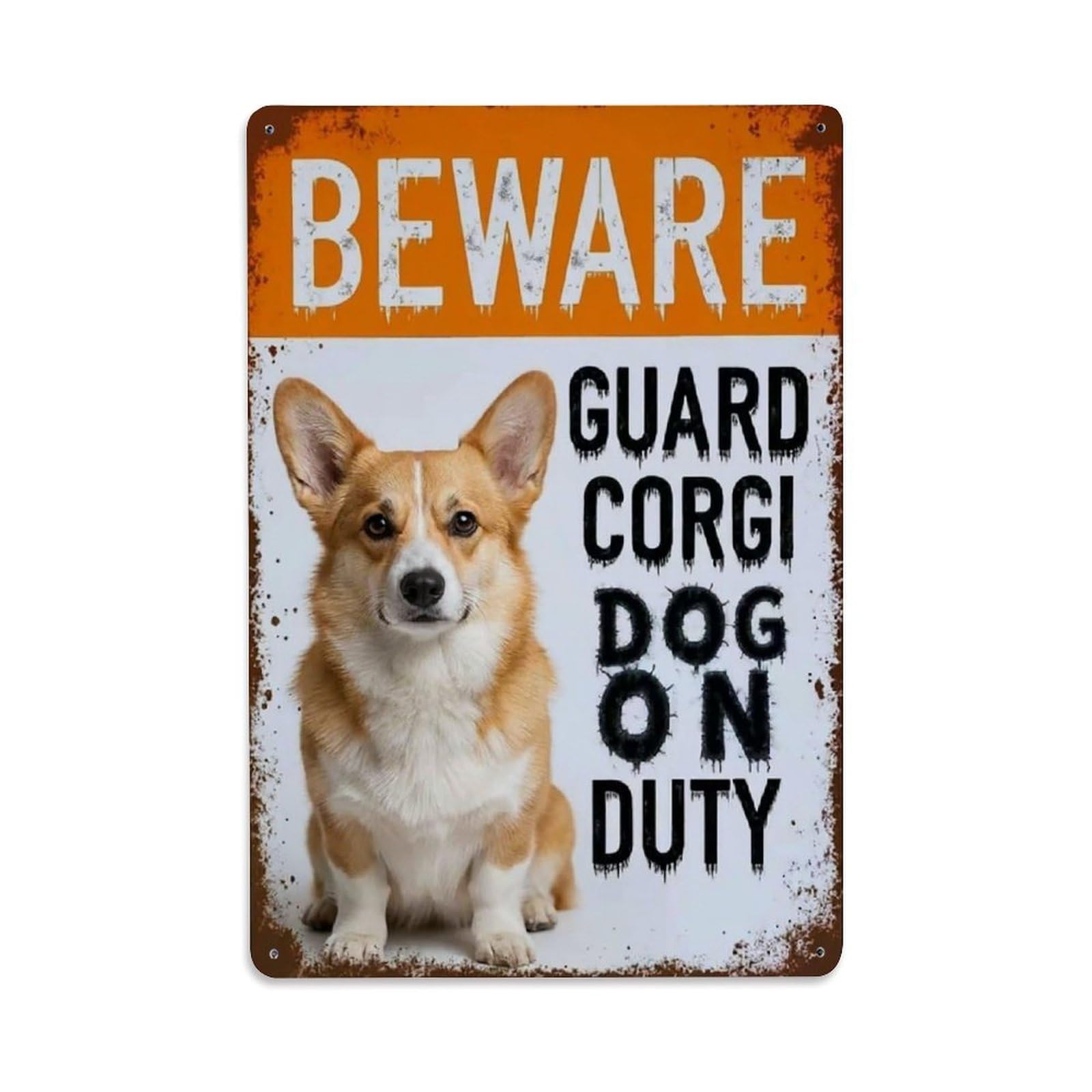 Vintage Funny Corgi Guard Beware of Dog Entrance Metal Tin Sign Plaque Wall Decor for Cafe, Club Bar, Office, Garden Metal Poster 8x12Inch