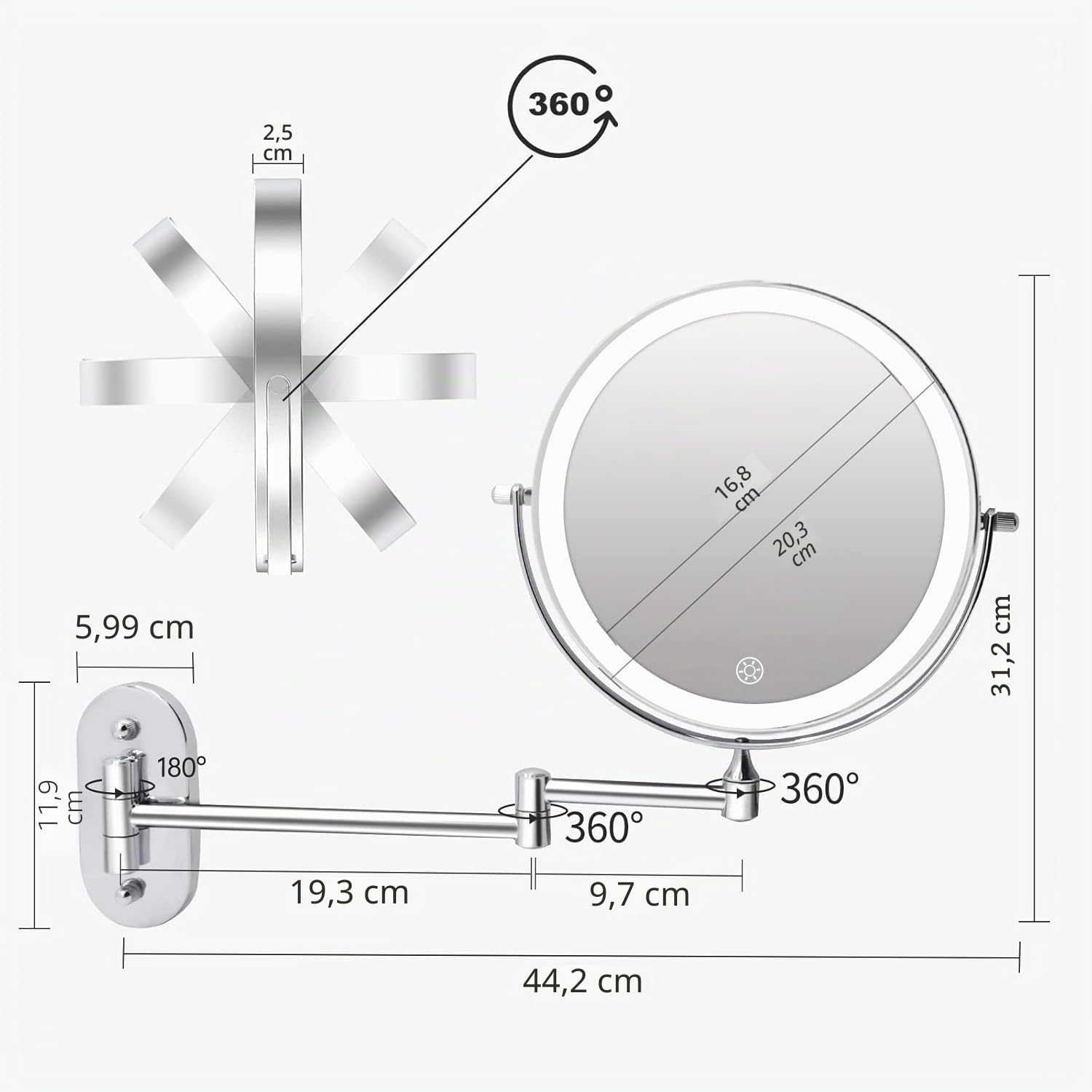 FUNTOUCH 4000mAh Wiederaufladbar Kosmetikspiegel mit Beleuchtetung, 1X 30X Spiegel Vergrößerung Wandmontage, Dimmbarer Rasierspiegel 3 Farben, Touchscreen, 360° Drehbar, Schminkspiegel für Badezimmer