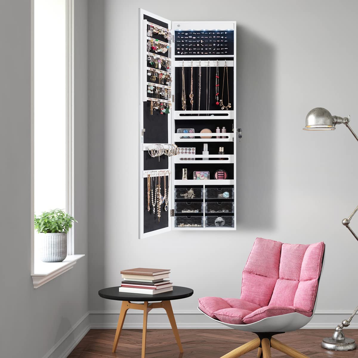 RELAX4LIFE Schmuckschrank, Schmuckregal mit 6 Acrylschubladen & 3 Lagerregalen & LED-Beleuchtung & Spiegel, Schmuckorganizer für Ohrringe Armband Kette Ringe Kosmetik, Tür- & Wandmontage (Weiß)