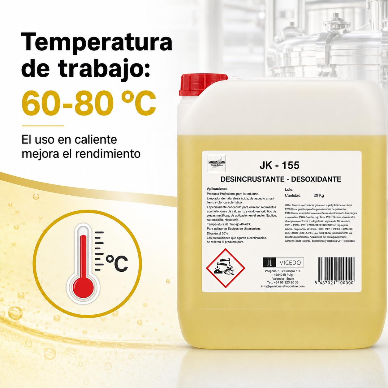 JK-155 Desoxidante y Desincrustante de Cal Concentrado 20 kg para Ultrasonidos e Inmersión, Elimina Óxido y Depósitos Calcáreos en Superficies Metálicas.