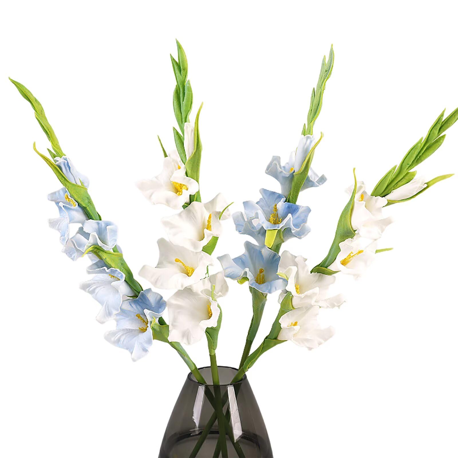 Lovmeety 4Pcs Artificial Gladiolus Flowers Real Touch Gladiolus Flower with Stems White and Blue Fake Flowers Faux Floral Arrangements for Vase