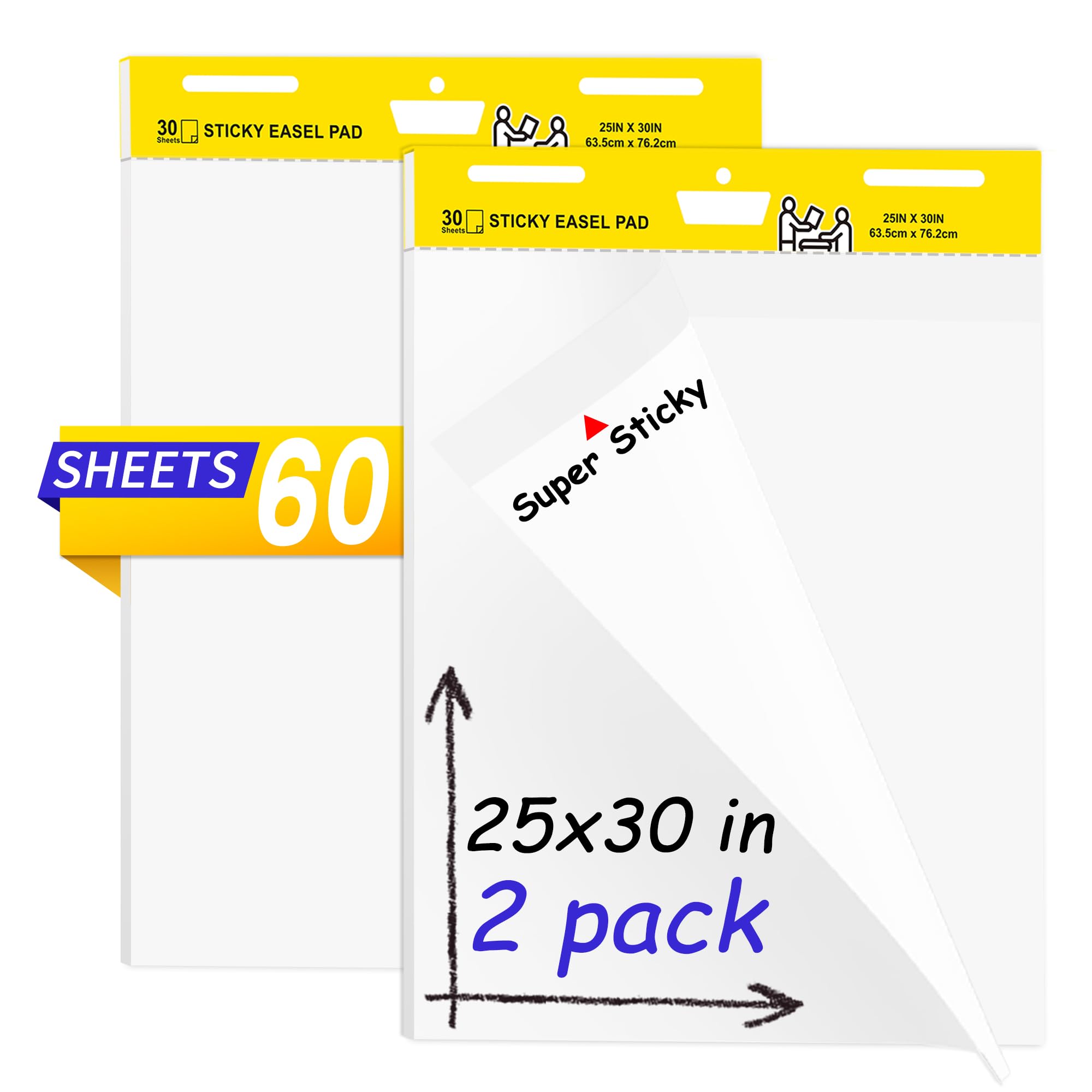 2 Pack Sticky Easel Pads,25 x 30 Inches Flip Chart Paper for Teachers,Self Stick Easel Paper for White Board,Large White Premium Self Stick Flip Chart Paper,30 Sheets/Pad