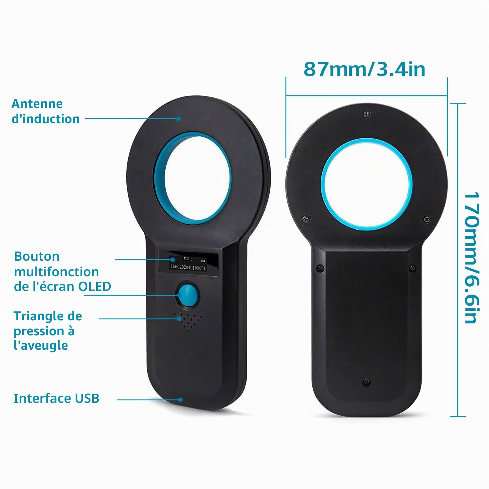 Lecteur de Puces pour Animaux,Detecteur de Puce, Lecteur de Puce pour RFID Scanner 134,2KHz/125KHz Portable Puce avec Affichage OLED pour Lecteurs ISO11784/11785/FDX-B/EMID