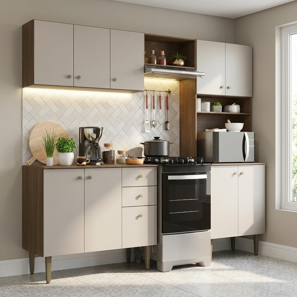 Madesa Compact Kitchen Set with Cabinets Ample Storage 235 Cm Wide with Multiple Compartments, 10 niches, 2 Drawers - Brown/Beige
