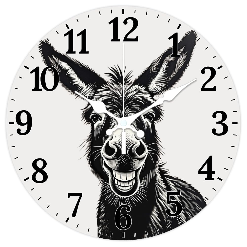CHGCRAFT 12 Inch Funny Donkey Black White Woodcut Round Wall Clock Battery Operated Silent Non Ticking, for Bedroom Living Room Kitchen Office Home Decor