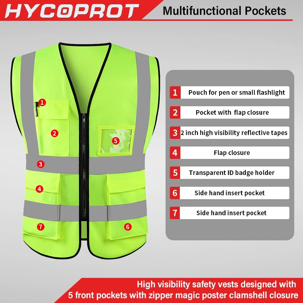 HYCOPROT High Visibility Safety Reflective Vest with Pockets and Zipper, Meets ANSI/ISEA Standards - Image 2
