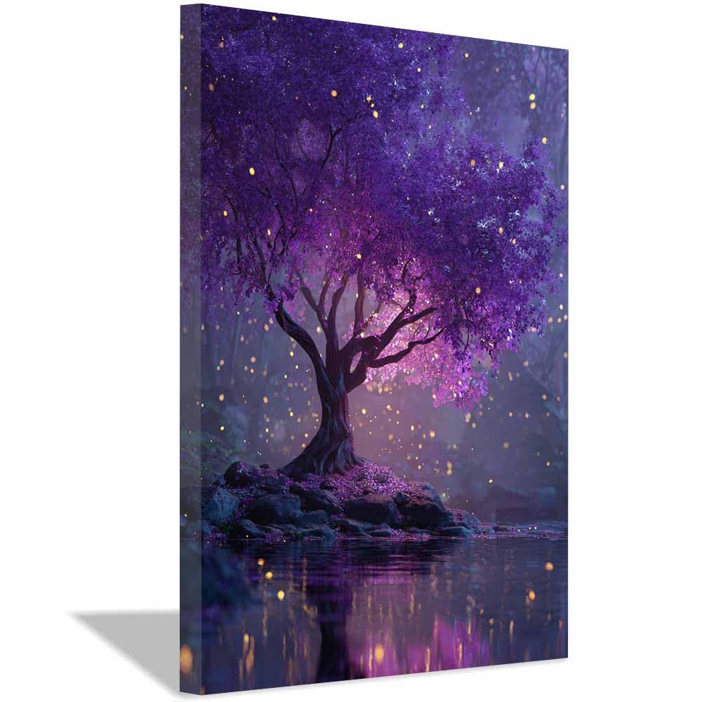 DMZPKZB Obraz na płótnie gwiaździste niebo strumienie i drzewa plakaty planet, odpowiednie do dekoracji łazienki, sypialni, biura (fioletowy-70x100cm oprawione