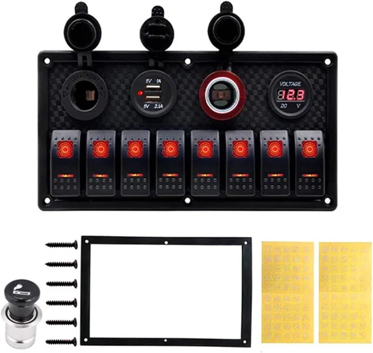 8 Gang Rocker Switch Panel Circuit Breaker Overload Protected Voltmeter 12V 24V DC USB Charger Port RV Car Boat Marine Blue LED(Green)