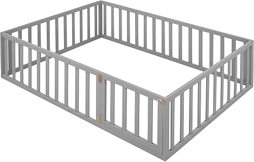 Miniatura 8 de Cama de suelo para niños, marco de cama Montessori de tamaño matrimonial con barandillas de valla para niños, camas de madera para niños y niñas,