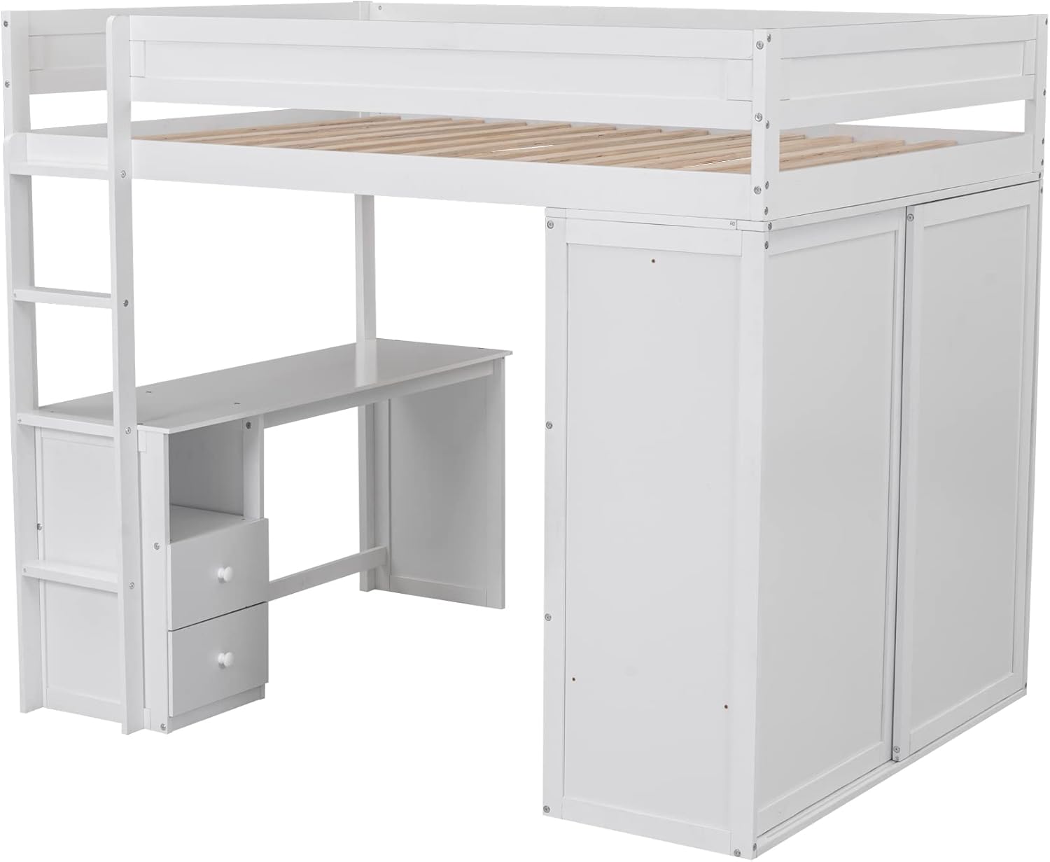 SOFTSEA Full Size Loft Bed with Desk and Wardrobe, Solid Wood Loft Bed with Desk and Storage Drawers, High Loft Bed Frame with Sliding Door Wardrobe for Kids Teens Adults, White