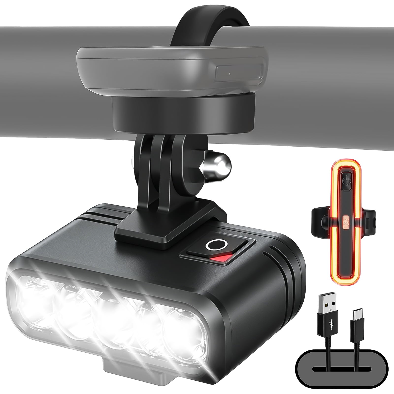 Fahrradlicht Set mit StVZO Zulassung, 3 LED Frontlicht Blendfrei & Rücklicht mit Bremslichtfunktion, USB-C Aufladbar, IP65 Wasserdicht, Halterung Kompatibel mit GoPro & Fahrradcomputer für MTB E-Bike