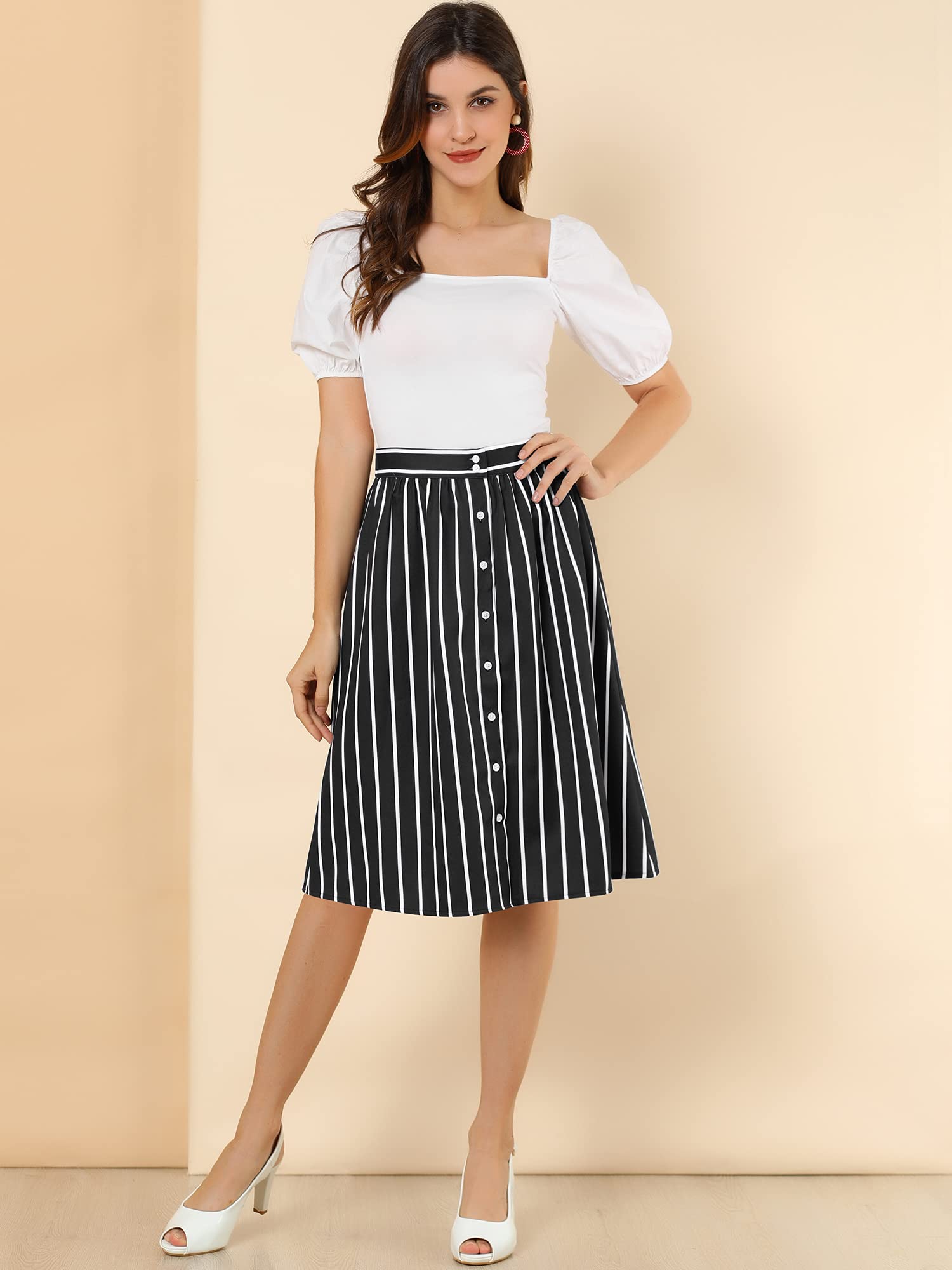 Allegra K Jupe midi rayée boutonnée sur Le Devant et élastique dans Le Dos pour Femme - Noir - Taille L