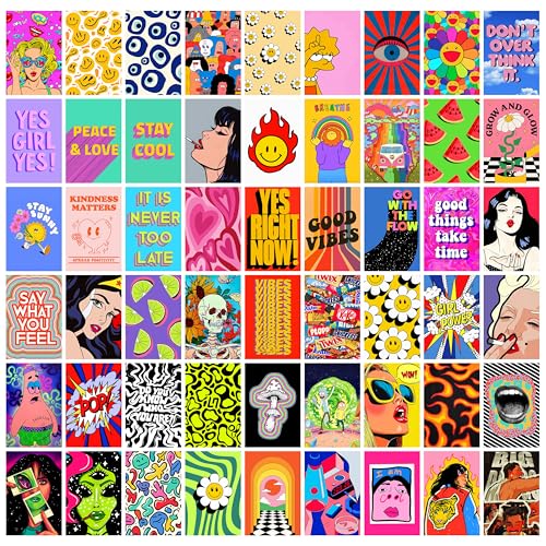 Image of MODERN GALLERY MART Pack of 54 Indie Y2K Hippie Wall Collage Kit Posters - 4 x 6 Inches Posters for Wall Decoration - Wall Art For Bedroom, Office, Living room, Dorm room - Glue Dots Included