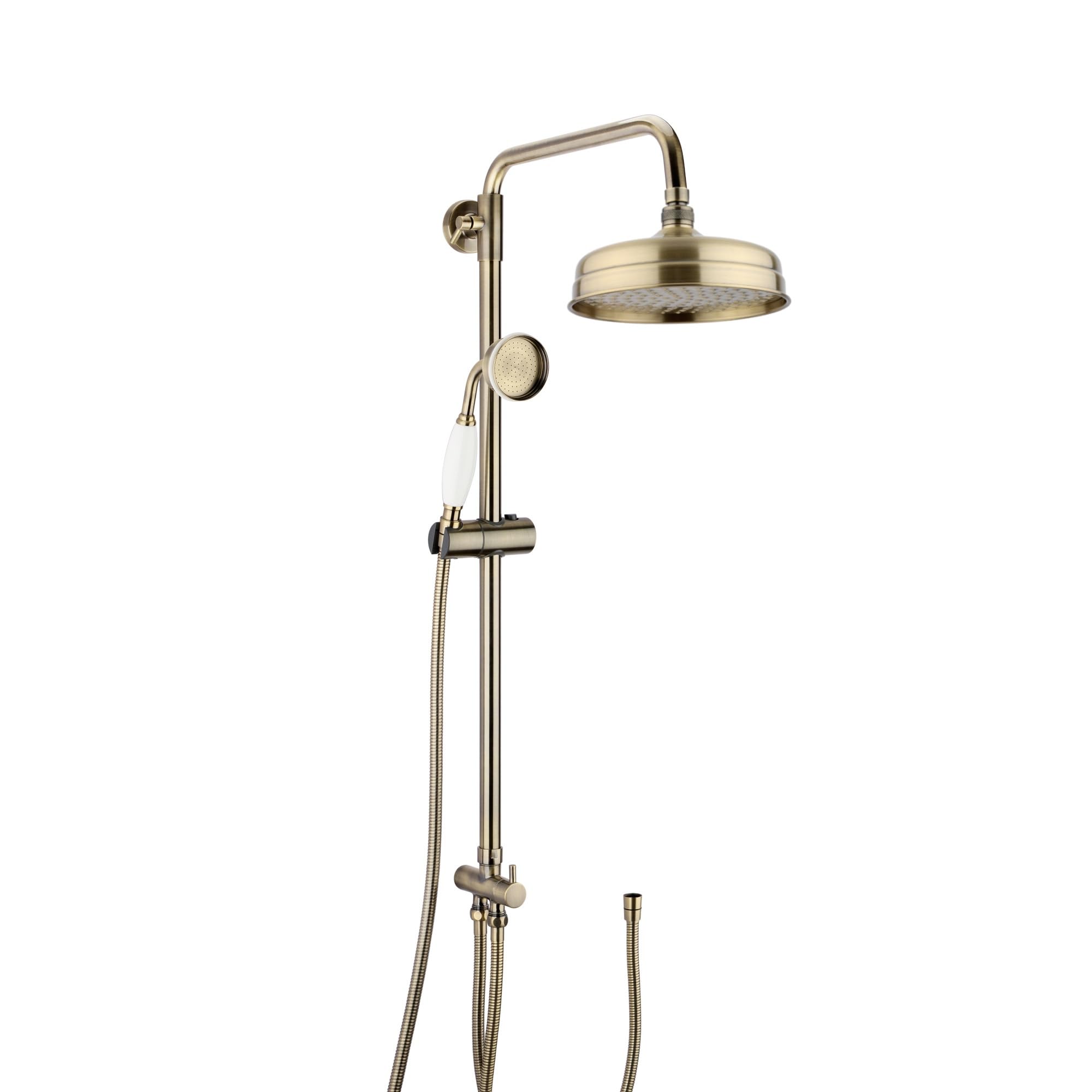 Enki Antique Brass Dune, Rg076, Dual Rigid Riser Rail Kit With Traditional Brass Overhead Shower And Handset, For Exposed Installation, 1 Year Guarantee