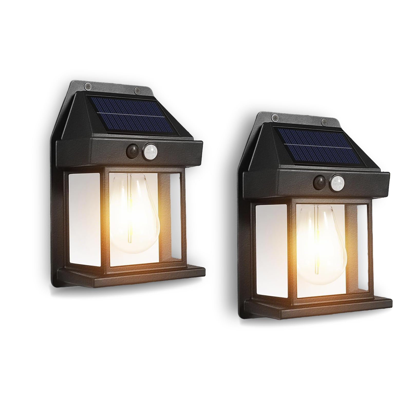 Solar Lights Outdoor, 2 Pack Waterproof Wall Lantern with Motion Sensor & 3 Modes 1200mAh Battey, IP65 Solar Security Lights for Garden Patio Courtyards Porches Fence Yard (Black)