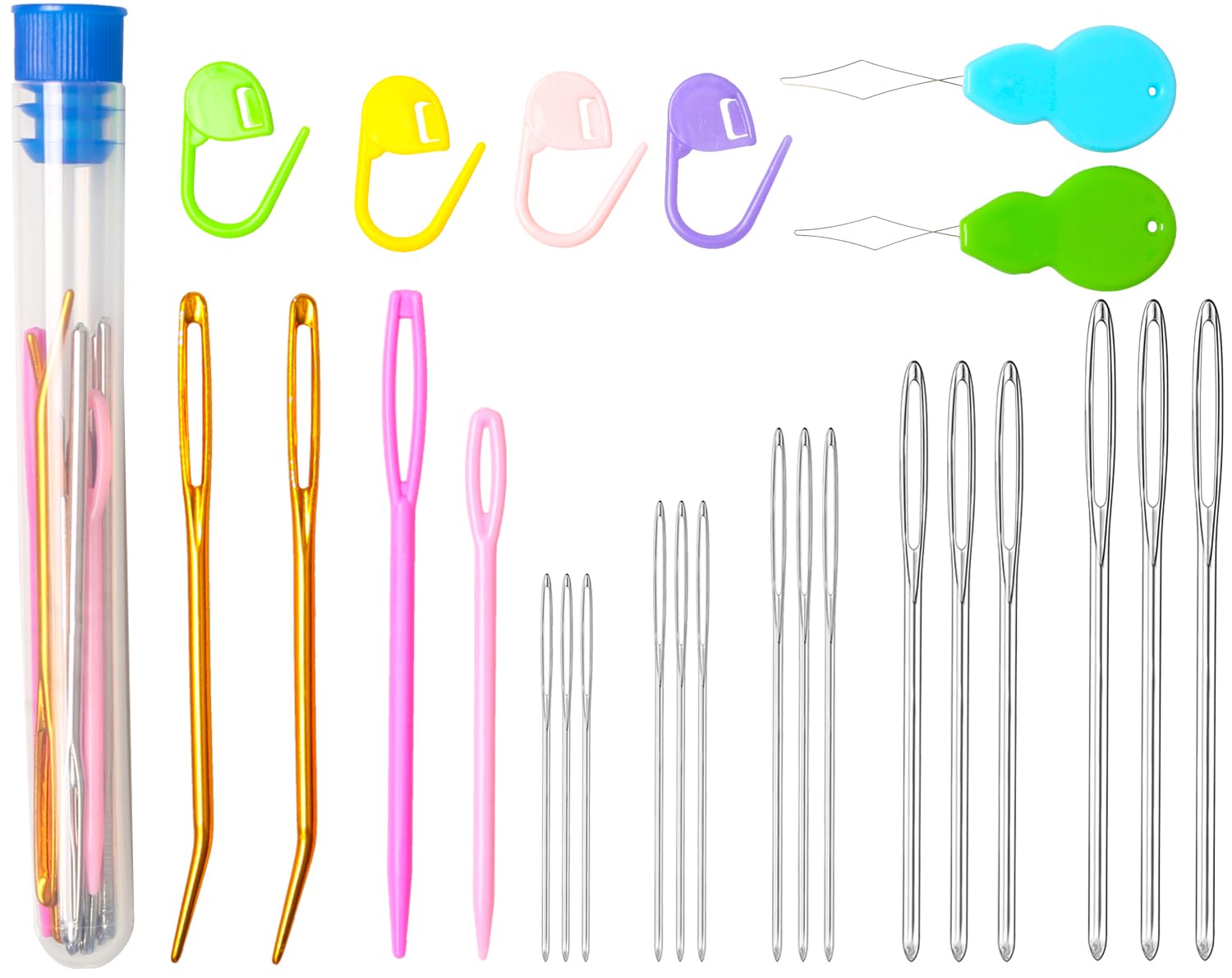 Hekisn 25Pcs Large Eye Blunt Yarn Needles Kit, Assorted Sizes Bent Tapestry Darning Needle &amp; Stitch Markers &amp;Threaders for Knitting, Crochet (Blue)