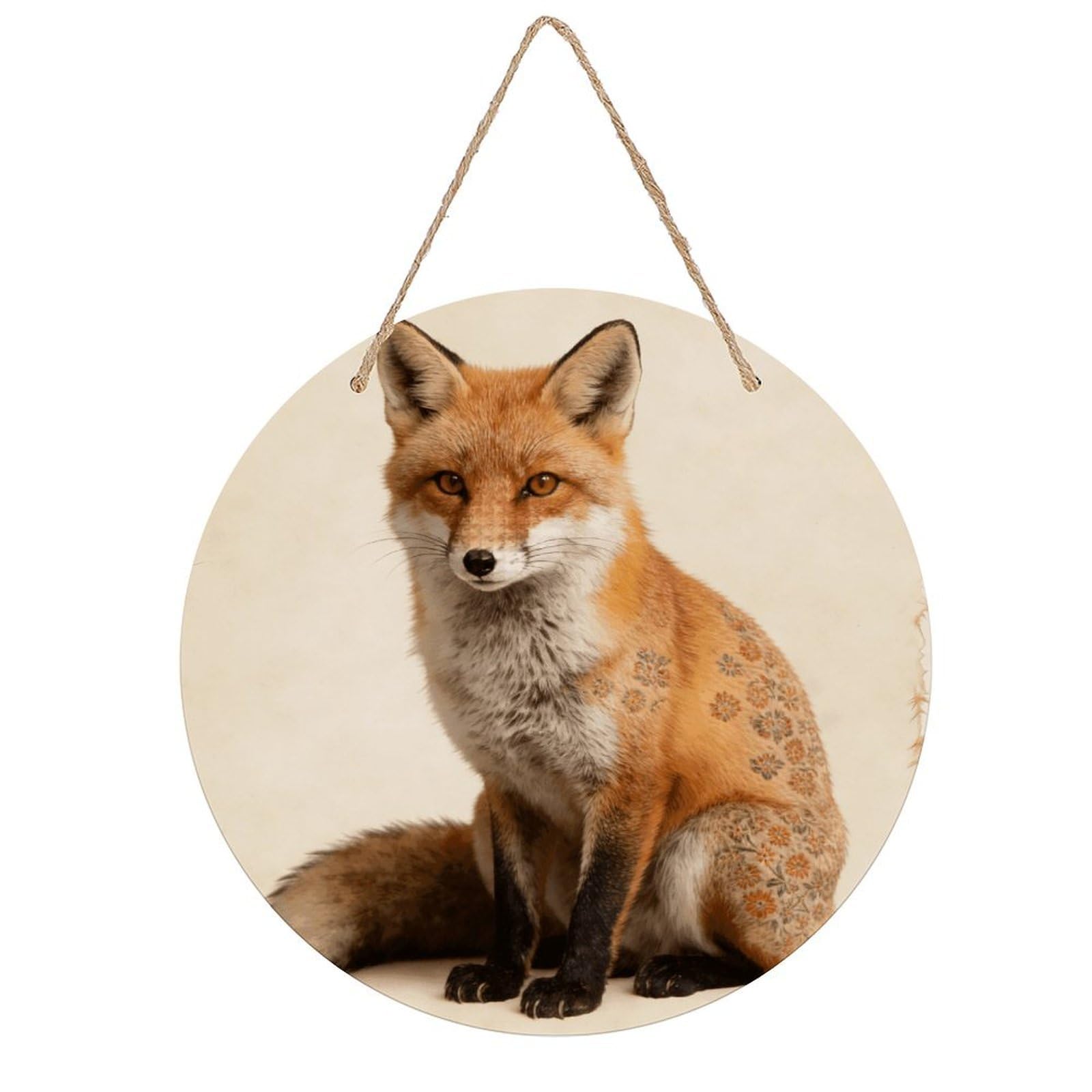 LZQPOEAS Fox Print Round Wood Wall Art Painting, 7.9 Inch Circular Wooden Door Hanger Decorative Paintings, Rope-Hanging Wooden Wall Plaque for Home Decor And Office Party