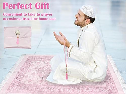 Miniatura 7 de Anlising Tapete de oración musulmana con cuentas de oración y bolsa de tela, alfombra de oración islámica, alfombra de oración plegable, para