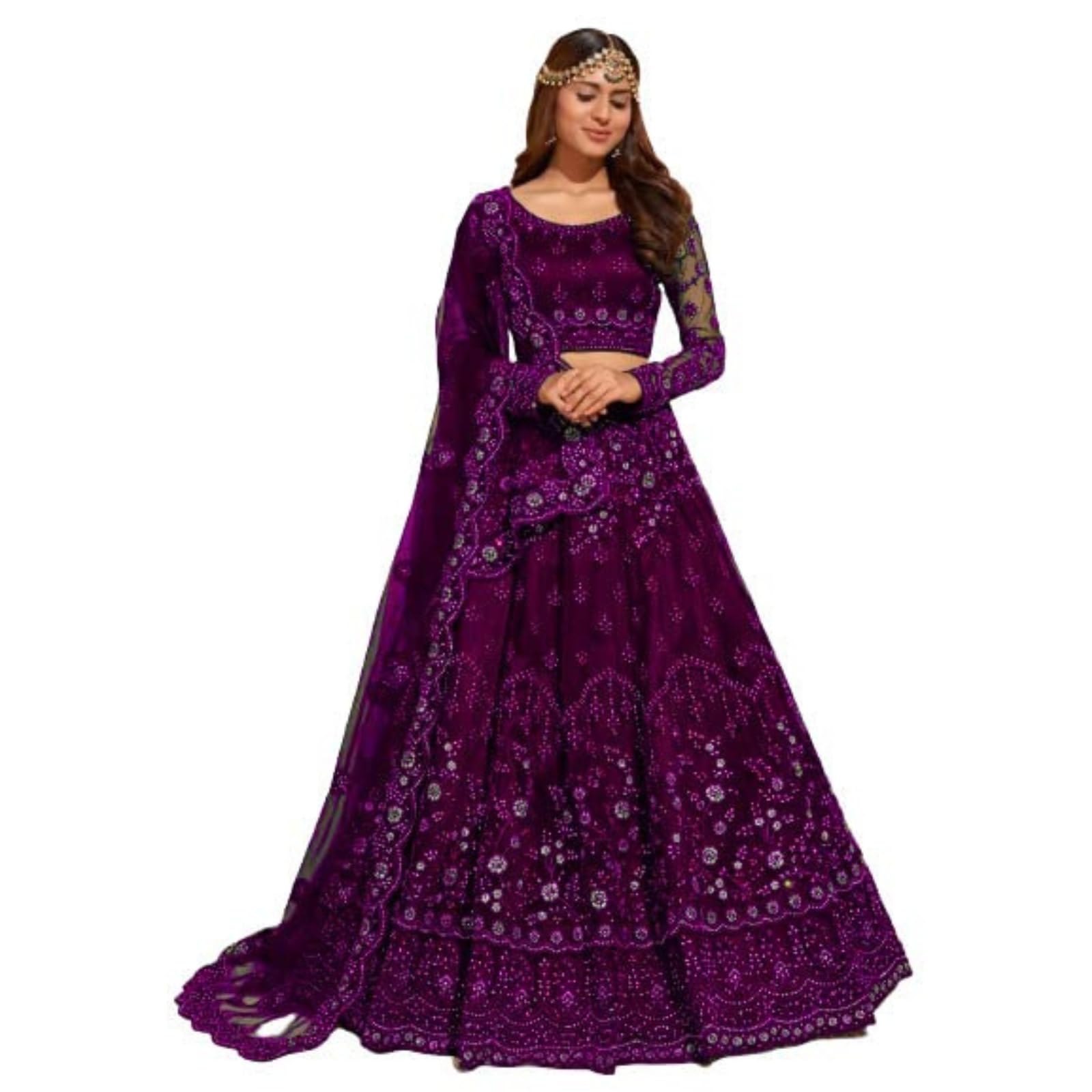 Amazon Brand Women`s Net Embroidered Silver Work Semi Stitched lehenga Choli-image-41