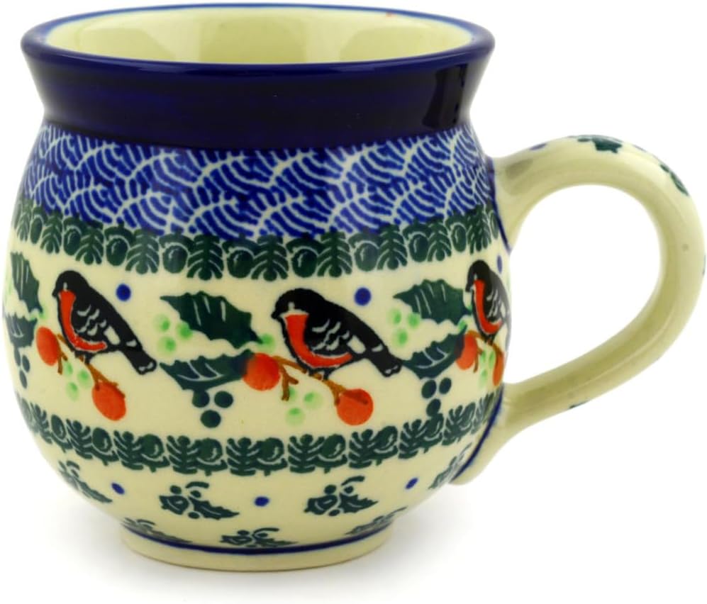 Authentic Polish Pottery Bubble Mug 12 oz in Holly Robin Design Handmade in Bolesławiec Poland by Ceramika Artystyczna + Certificate of Authenticity