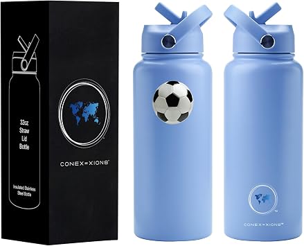 32 oz Stainless Steel Soccer Water Bottle, Double Wall Vacuum Insulated, Wide Mouth with Straw Lid. Light Blue